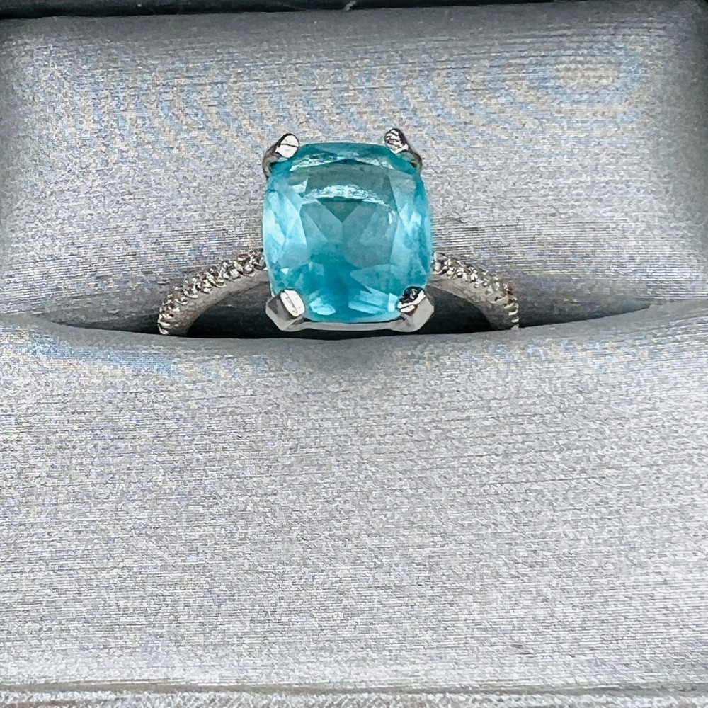 Silver Tone Ring Cushion Cut Aqua Stone Pave Band Statement Glam Fashion